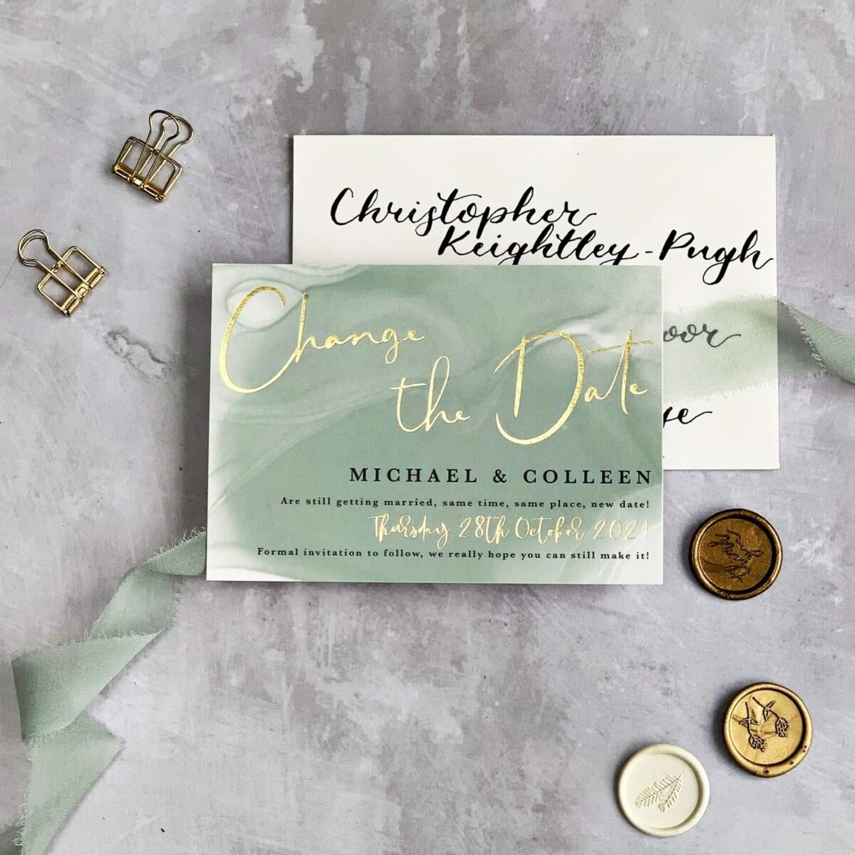 Digitally printed Wedding Invitations produced by Clare Gray Designs in Cambridge Hot foiled in Gold
