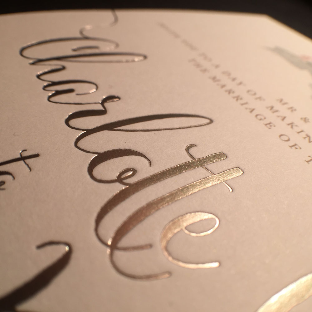 Hot Foiled Stamped in Rose Gold Metallic Foil using Colorplan Card 350gsm Vellum White