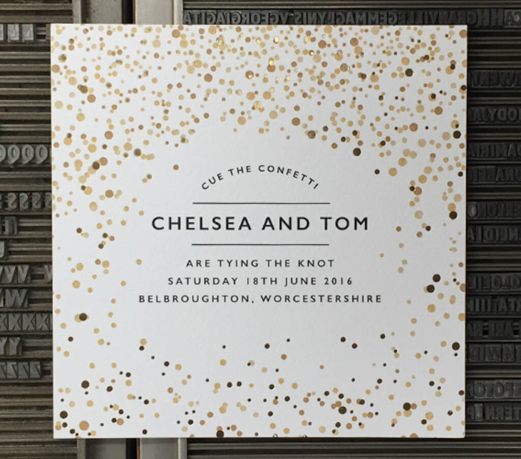 Satin Foiled Gold Wedding Invitation & Digitally Printed using Tintoretto Gesso 300gsm